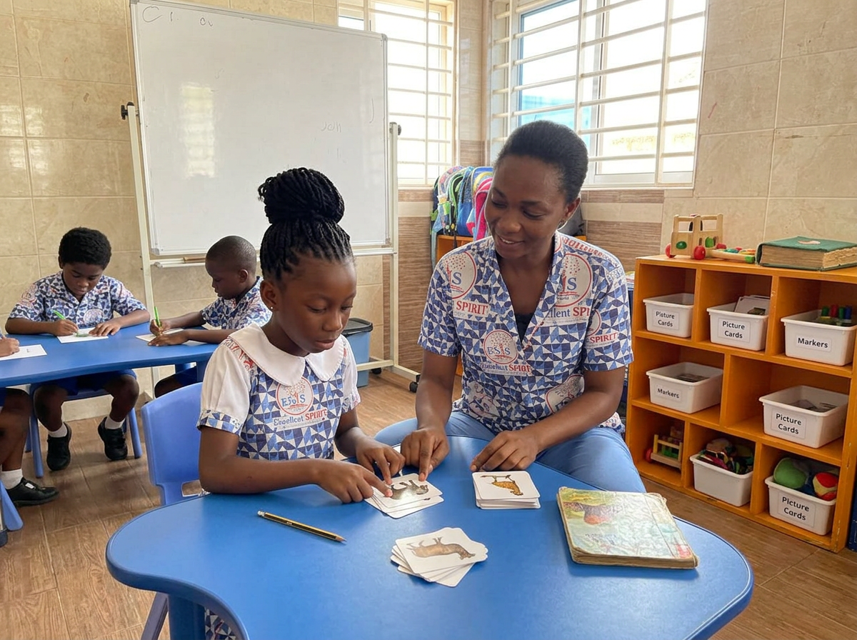A special educator working one-to-one with a child using tactile learning cards